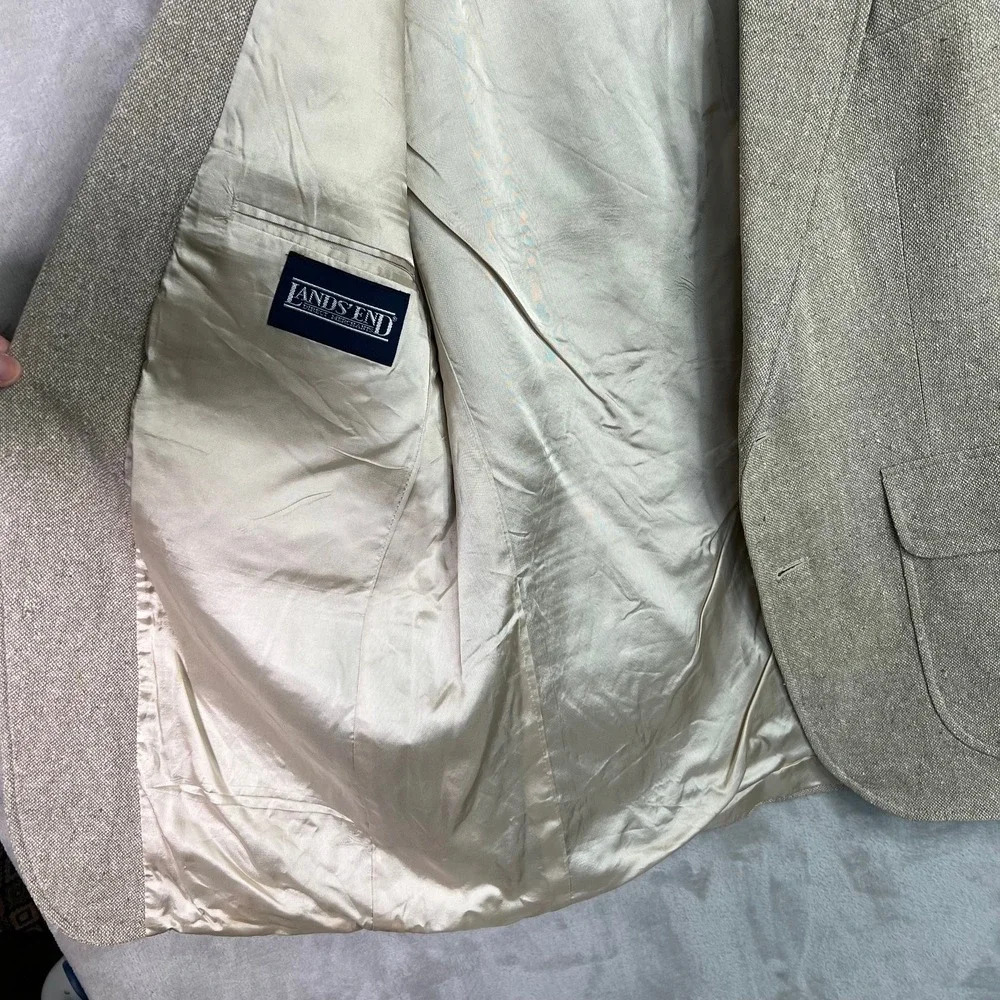 VTG 90s Lands' End Silk‎ Sport Coat Blazer Men 41R Beige Prep Coastal USA